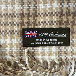 NWT Scottish 100% Cashmere Houndstooth Plaid Scarf Made in Scotland Tan Brown‎